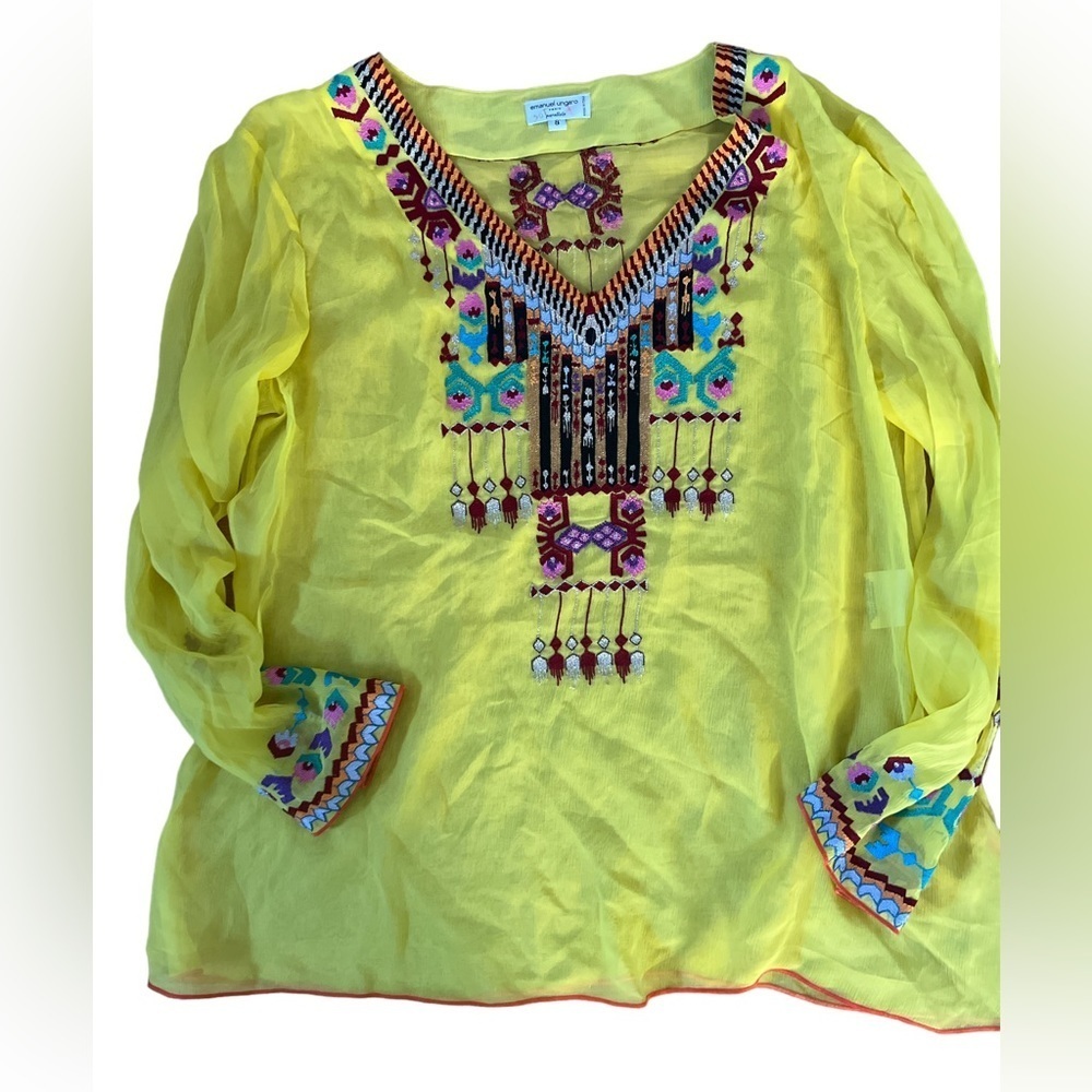 Emanuel Ungaro vintage  yellow/embroidered tunic, Sz 8